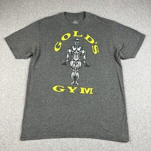 Gold's Gym T Shirt Mens Large Gray Yellow Logo Spell Out Workout Fitness Retro